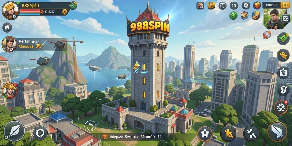 Tangkapan layar menunjukkan gameplay menegangkan 988SPIN dengan menara pertahanan yang strategis.