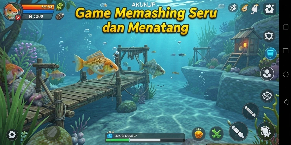 Screenshot gameplay AKUNJP menunjukkan aksi seru memancing di lokasi indah.
