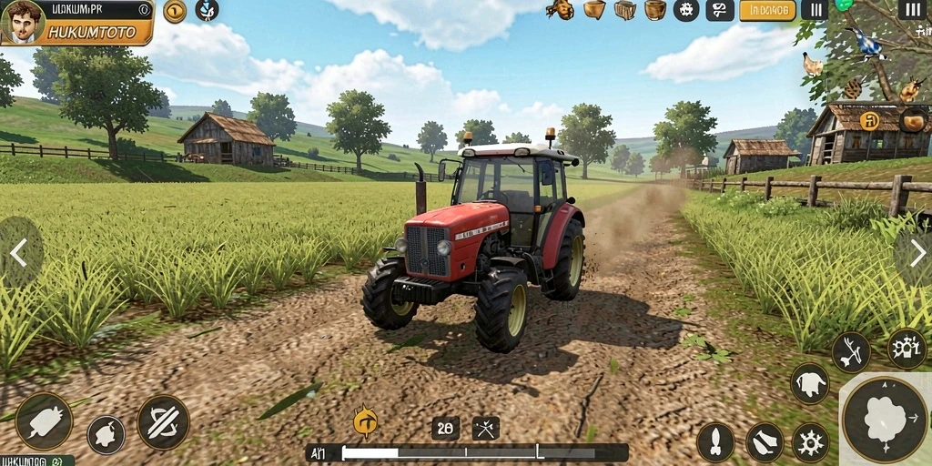 Gameplay HUKUMTOTO menampilkan petani mengelola ladang dengan tanaman subur.