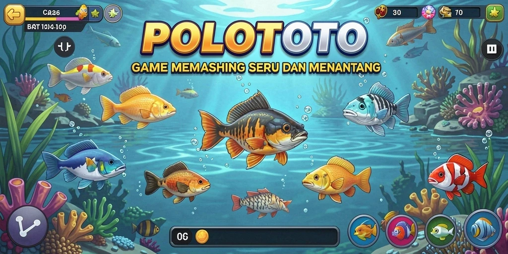 Tampilan gameplay seru di POLOTOTO dengan banyak ikan yang bisa ditangkap.